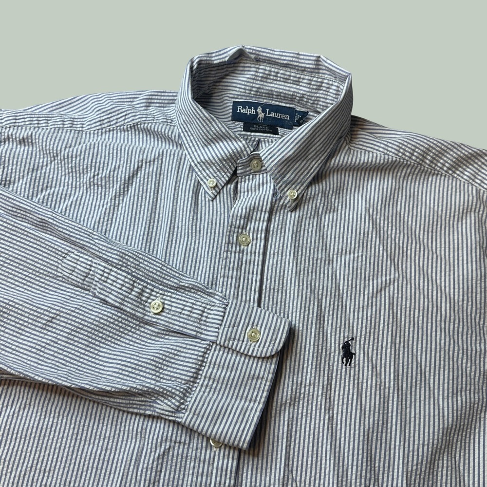 Ralph Lauren Shirt Mens XL Blake Blue White Striped Seersucker Button Down